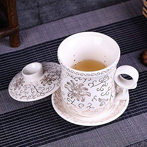 HwaGui té de hoja suelta de porcelana taza de cerámica con tapa, infusor y platillo, té fácil de hacer, gran regalo para amantes del té (400 ml / 14 oz)