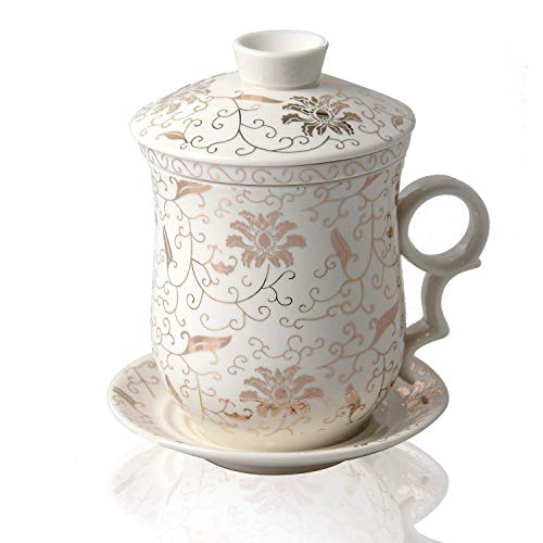 HwaGui té de hoja suelta de porcelana taza de cerámica con tapa, infusor y platillo, té fácil de hacer, gran regalo para amantes del té (400 ml / 14 oz)
