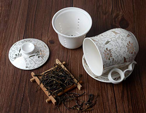 HwaGui té de hoja suelta de porcelana taza de cerámica con tapa, infusor y platillo, té fácil de hacer, gran regalo para amantes del té (400 ml / 14 oz)
