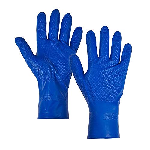 HYGONORM 50x Guantes Desechables Antideslizante - Tarea Pesada Escamas De Pescado Guantes De Nitrilo Sin Látex y Polvo AQL 1.5 Mecánico Químico Industria Lavado Conserje Limpieza (M (7-8), Azul)