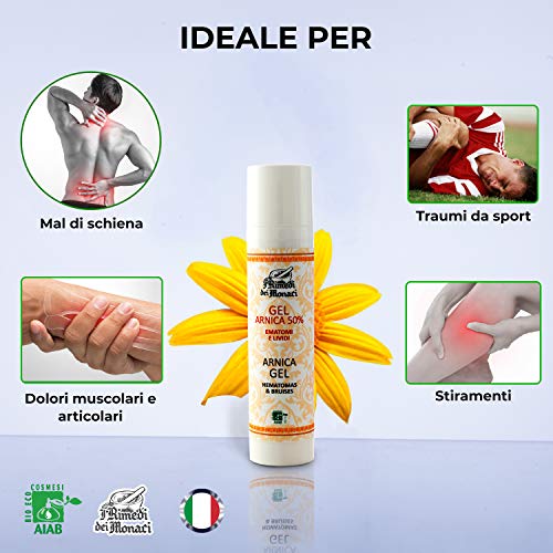 I Rimedi dei Monaci - Arnica Gel Forte 100% italiano SUPER CONCENTRADO Certificado AIAB - Crema de árnica fuerte para el dolor de espalda traumatismos hematomas - Pomada antiinflamatoria ORGÁNICA