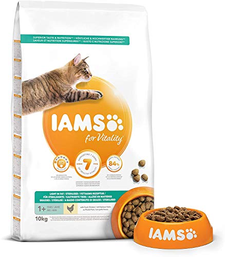 IAMS for Vitality Alimento bajo en grasa para Gatos Esterilizados con pollo fresco, 10 kg