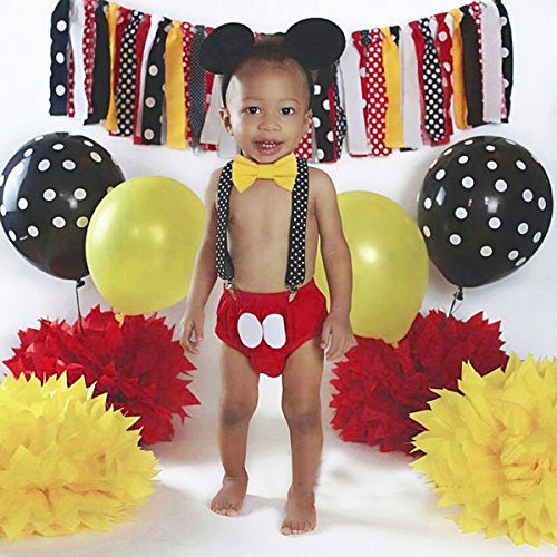 IBTOM CASTLE Disfraz de Mickey Infántil Bebé Niños Niñas Lindo Ratón 1er/2do/3er Cumpleaños Halloween Traje Algodón Calzoncillos+Tirantes+Pajarita+Diadema de Oreja 001 Rojo+Lunares 6-12 Meses