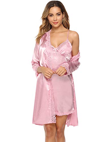 iClosam Batas y Kimonos Mujer Satén Encaje 2 Piezas,Camisón Satén Sexy Elegante Pijama Cortos para Mujer Novia Dama de Honor (S, Estilo 1 : Rosa)