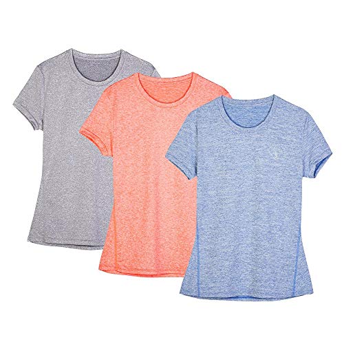 icyzone Camiseta de Fitness Deportiva de Manga Corta para Mujer, Pack de 3 (XL, Granito/Azul/Naranja)