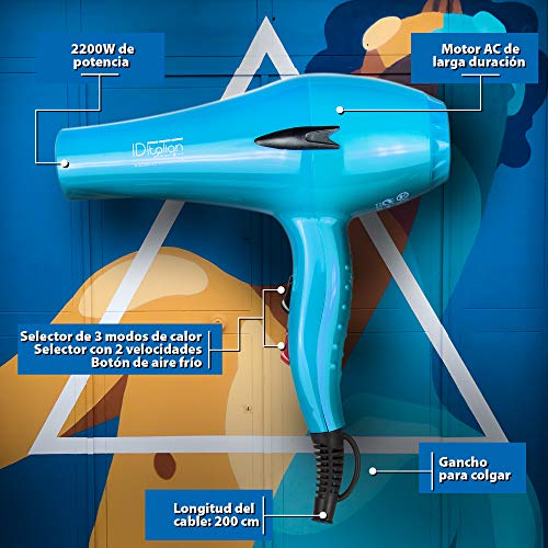 ID Italian Design | Secador de Pelo Profesional 3 Modos de Calor, 2 Velocidades de Color Azul - 2200W