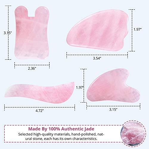 IDABAY Gua Sha, 4 Piezas de Herramienta de Masaje Cuarzo Rosa Piedra de Jade Herramienta de Belleza