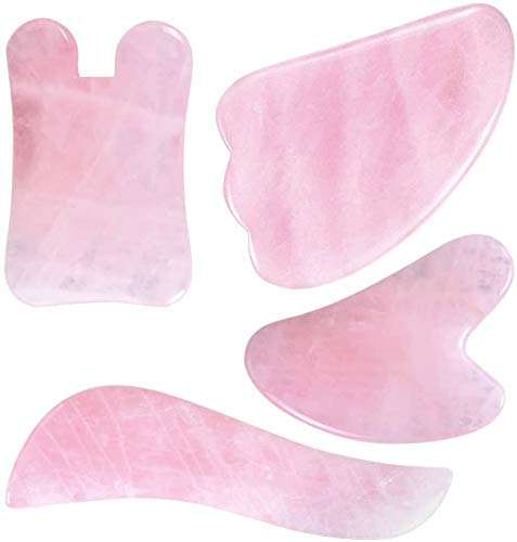 IDABAY Gua Sha, 4 Piezas de Herramienta de Masaje Cuarzo Rosa Piedra de Jade Herramienta de Belleza