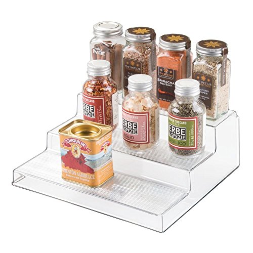 iDesign Organizador de cocina para especias, organizador de armarios pequeño de plástico con 3 niveles, práctico soporte especiero para especias y latas, transparente