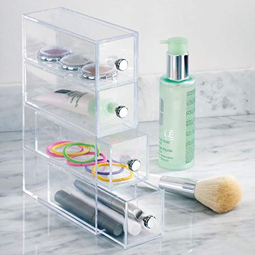 iDesign Organizador de maquillaje con 4 cajones, minicómoda estrecha de plástico, mini cajonera para cosméticos para uso vertical u horizontal, transparente