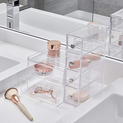 iDesign Organizador de maquillaje con 4 cajones, minicómoda estrecha de plástico, mini cajonera para cosméticos para uso vertical u horizontal, transparente