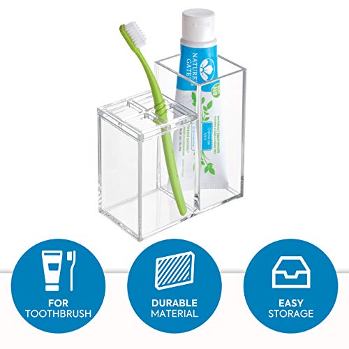 iDesign Portacepillos de dientes con almacenaje, organizador de baño en plástico para el lavabo o los estantes, guarda cepillos y dentífrico con 5 compartimentos, transparente