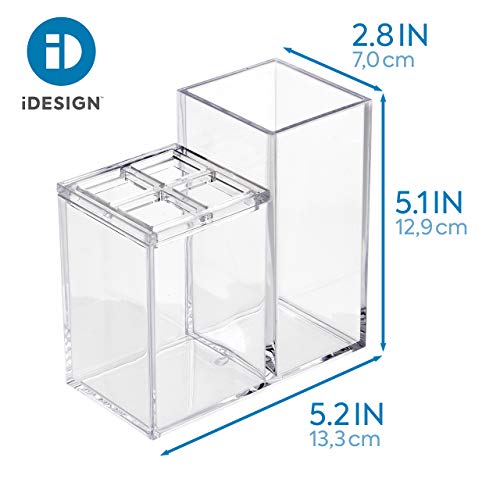iDesign Portacepillos de dientes con almacenaje, organizador de baño en plástico para el lavabo o los estantes, guarda cepillos y dentífrico con 5 compartimentos, transparente
