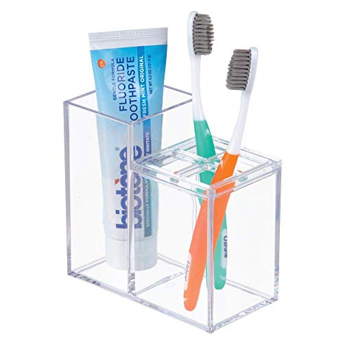 iDesign Portacepillos de dientes con almacenaje, organizador de baño en plástico para el lavabo o los estantes, guarda cepillos y dentífrico con 5 compartimentos, transparente