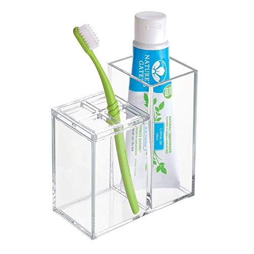 iDesign Portacepillos de dientes con almacenaje, organizador de baño en plástico para el lavabo o los estantes, guarda cepillos y dentífrico con 5 compartimentos, transparente