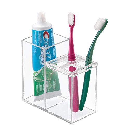iDesign Portacepillos de dientes con almacenaje, organizador de baño en plástico para el lavabo o los estantes, guarda cepillos y dentífrico con 5 compartimentos, transparente