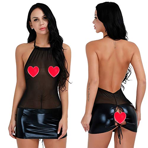 iEFiEL Mini Vestido Corto de Malla Lencería Llamativa Cuello Halter Transparente para Mujer Falda de Charol Mini Falda Cuero