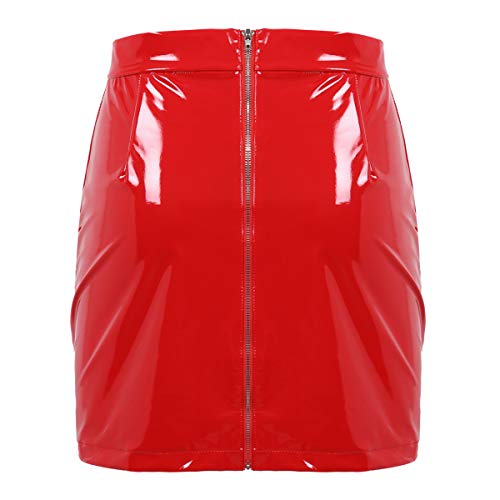 IEFIEL Minifalda Mujer Wet Look Sexy Mini Falda Cuero Wetlook Falda Corta Bodycon Erotica Brillante Metálico Líquido Clubwear Rojo S