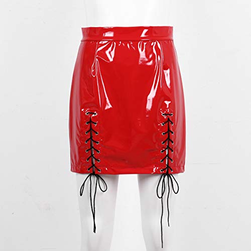 IEFIEL Minifalda Mujer Wet Look Sexy Mini Falda Cuero Wetlook Falda Corta Bodycon Erotica Brillante Metálico Líquido Clubwear Rojo S