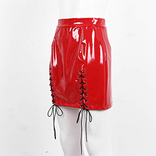 IEFIEL Minifalda Mujer Wet Look Sexy Mini Falda Cuero Wetlook Falda Corta Bodycon Erotica Brillante Metálico Líquido Clubwear Rojo S