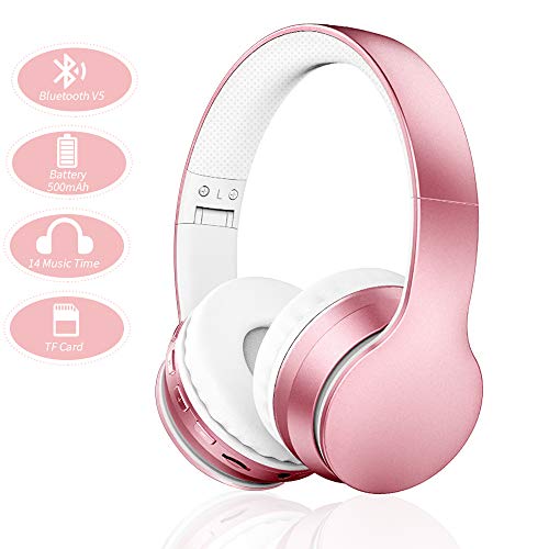 Ifecco Bluetooth Estéreo Auriculares Música Sobre-oído Sonido de alta fidelidad, Bluetooth Banda para la cabeza plegable con micrófono y cable de audio para Apple iPhone, PC(actualizar Oro Rosa)