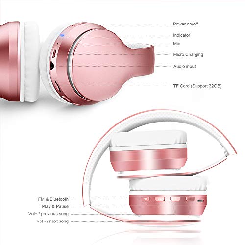 Ifecco Bluetooth Estéreo Auriculares Música Sobre-oído Sonido de alta fidelidad, Bluetooth Banda para la cabeza plegable con micrófono y cable de audio para Apple iPhone, PC(actualizar Oro Rosa)