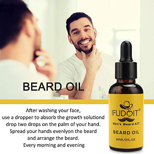 IFUDOIT Kit Barba Cuidado Para Hombres, Set Herramientas de Aseo y Recorte Con Champú Barba, Aceite Crecimiento Barba, Bálsamo, Cepillo, Peine, Tijeras, Guía Barba, Regalos para Hombres