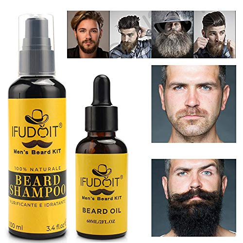 IFUDOIT Kit Barba Cuidado Para Hombres, Set Herramientas de Aseo y Recorte Con Champú Barba, Aceite Crecimiento Barba, Bálsamo, Cepillo, Peine, Tijeras, Guía Barba, Regalos para Hombres