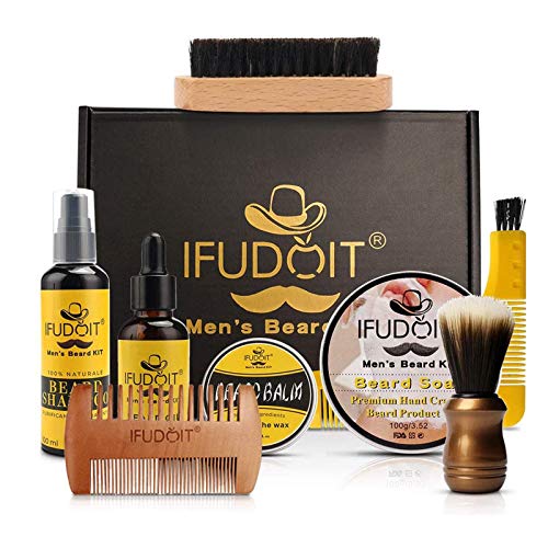 IFUDOIT Kit Barba Cuidado Para Hombres, Set Herramientas de Aseo y Recorte Con Champú Barba, Aceite Crecimiento Barba, Bálsamo, Cepillo, Peine, Tijeras, Guía Barba, Regalos para Hombres