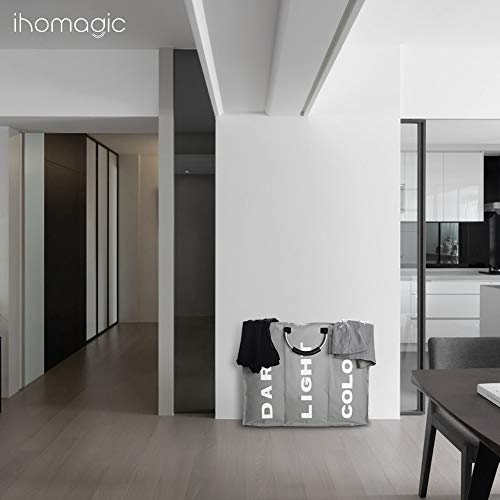 IHOMAGIC Bolsas para la Colada Cesto para Ropa Sucia Plegable Bolsa Colada para Baño con 3 Compartimiento Organizador Lavandería para Cocina Dormitorio Hotel Viaje Gran Capacidad 80L Gris