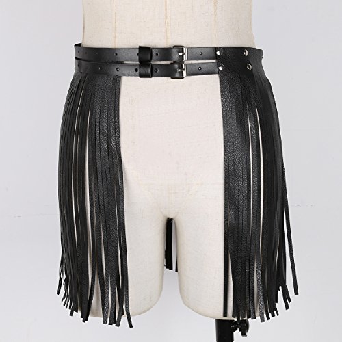 iiniim Falda de Borla Flecos de Cuero Mujer Adulto Punk Hip-Hop Mini Falda con Cinturón Cintura Ajustable con Hebilla Falda Corto para Fiesta Club Danza Clubwear Negro Un tamaño