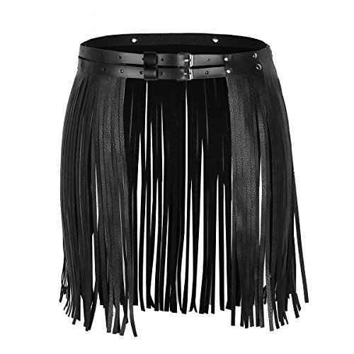 iiniim Falda de Borla Flecos de Cuero Mujer Adulto Punk Hip-Hop Mini Falda con Cinturón Cintura Ajustable con Hebilla Falda Corto para Fiesta Club Danza Clubwear Negro Un tamaño