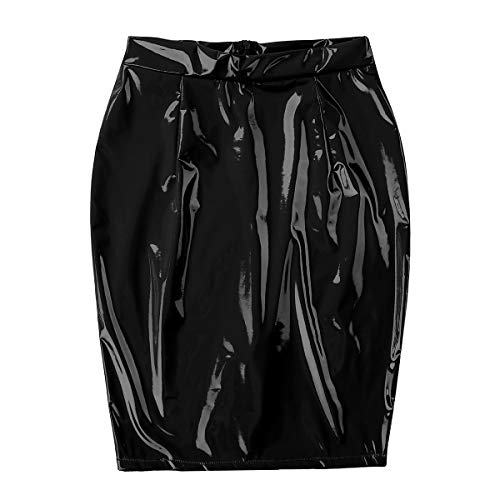 iiniim Falda Mujer de Cuero PU Sexy Falda Tubo Cintura Alta Atractiva Mini Falda Lápiz Corta de Charol Elegante para Fiesta Casual Damas Shiny Wet Look Bodycon Clubwear Negro M