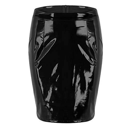 iiniim Falda Mujer de Cuero PU Sexy Falda Tubo Cintura Alta Atractiva Mini Falda Lápiz Corta de Charol Elegante para Fiesta Casual Damas Shiny Wet Look Bodycon Clubwear Negro M