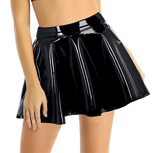 iiniim Falda Plisada de Cuero Wet Look Mujer Sexy Minifalda Atractiva Bodycon A-Line Rock Skater Clubwear Negro Large