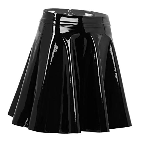 iiniim Falda Plisada de Cuero Wet Look Mujer Sexy Minifalda Atractiva Bodycon A-Line Rock Skater Clubwear Negro Large