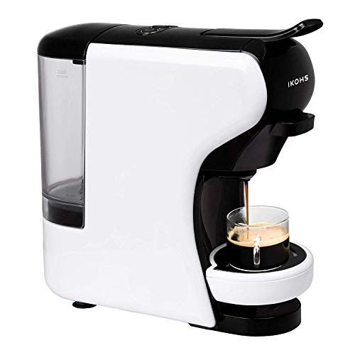 IKOHS Máquina de Café Espresso Italiano - Cafetera Multi Cápsulas Compatible Nespresso 3 en 1, 19 Bares con 2 Programas de Café, deposito extraíble, 0,6 L, Compacto, 1450 W, Apagado automático Blanco