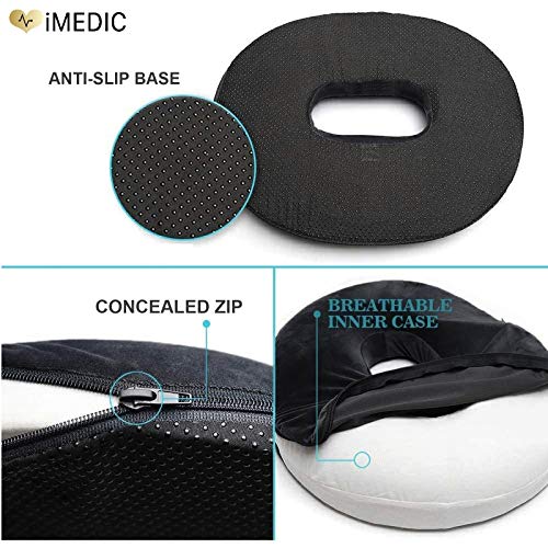 iMedic - Cojín de Anillo de Dona, Espuma viscoelástica con Funda, Alivio Premium para heamorroides, Pilas, coxis o Dolor Postnatal | Coche, Silla de Ruedas, Oficina, Felpa Negra