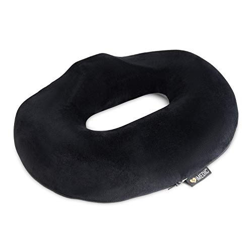 iMedic - Cojín de Anillo de Dona, Espuma viscoelástica con Funda, Alivio Premium para heamorroides, Pilas, coxis o Dolor Postnatal | Coche, Silla de Ruedas, Oficina, Felpa Negra