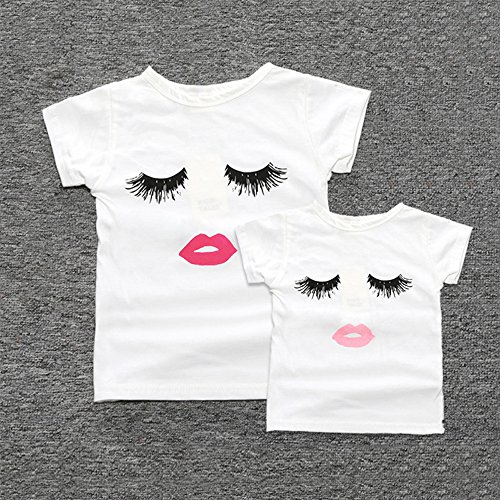 iMixCity Camiseta de Verano para Mujer Cute Labios Pestañas Impreso Manga Corta Tops Blusa Casual Señoras Camisetas de Algodón (XL: 38/40, Blanco)