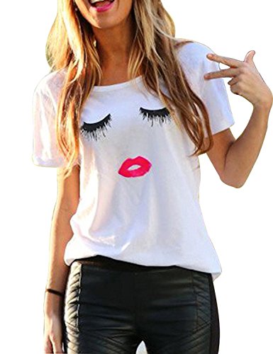 iMixCity Camiseta de Verano para Mujer Cute Labios Pestañas Impreso Manga Corta Tops Blusa Casual Señoras Camisetas de Algodón (XL: 38/40, Blanco)