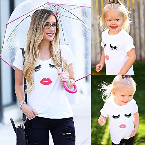 iMixCity Camiseta de Verano para Mujer Cute Labios Pestañas Impreso Manga Corta Tops Blusa Casual Señoras Camisetas de Algodón (XL: 38/40, Blanco)