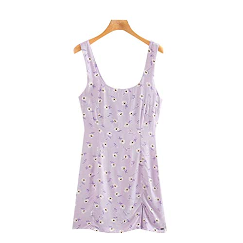 Impresión floral sin espalda con cremallera correas vestidos femeninos raja del frente del mini vestido de la vendimia Como se muestra,XS