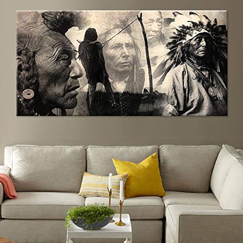 Impresiones sobre Lienzo Indio Nativo Americano Cuadro Lienzo Blanco y Negro, Impresion en Calidad Fotografica para Sala de Estar Decor - Sin Marco,A no Frame,60 * 120cm