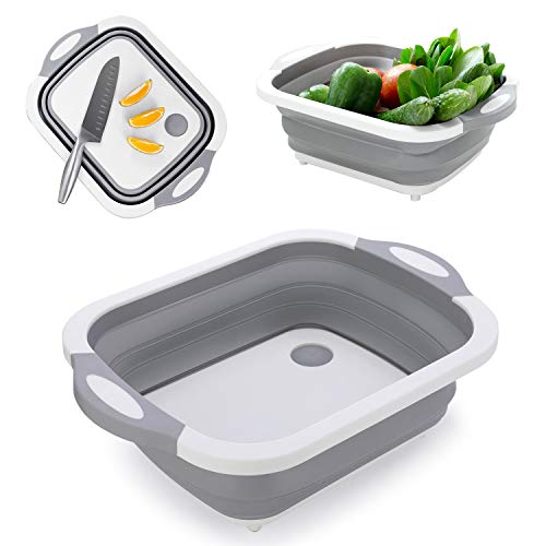 IMS Tabla de Cortar Portátil Tazón de Limpieza 3 en 1 Multifuncional Tazón de Limpieza para Exteriores Plegable Camping Picnic Fregadero de Canasta de Drenaje para Frutas Verduras Cocina Canasta