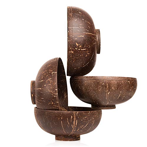 Ines & Hermes - Juego de cuencos de coco con soporte, 4 unidades, para buda Bowls, cereales o decoración, hechos a mano y respetuosos con el medio ambiente