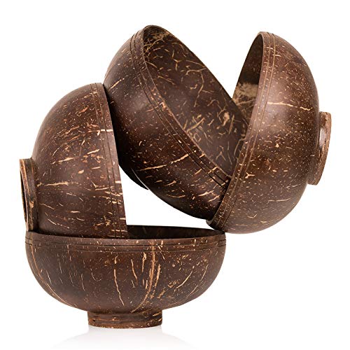 Ines & Hermes - Juego de cuencos de coco con soporte, 4 unidades, para buda Bowls, cereales o decoración, hechos a mano y respetuosos con el medio ambiente
