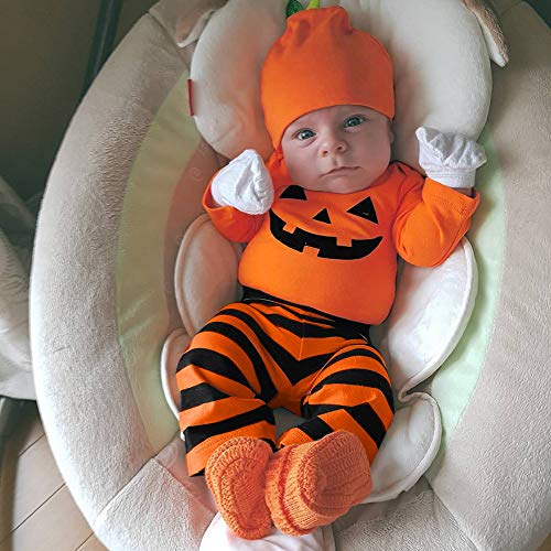 Infantil Disfraz Halloween Fossen Recien Nacido Niña Niño Bebe Monos de Calabaza Tops con Sombrero de Raya + Sombrero (0-6 Meses, Naranja)