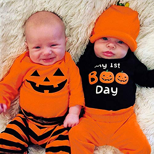 Infantil Disfraz Halloween Fossen Recien Nacido Niña Niño Bebe Monos de Calabaza Tops con Sombrero de Raya + Sombrero (0-6 Meses, Naranja)
