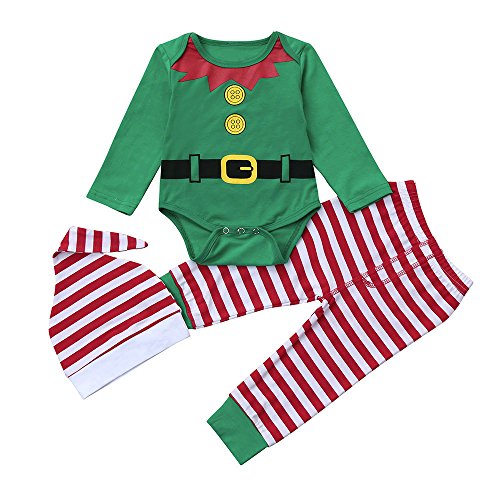 Infantil Disfraz Navidad Fossen Recien Nacido Niña Niño Bebe Monos Tops y Pantalones de Raya + Sombrero (12-18 Meses, Verde)